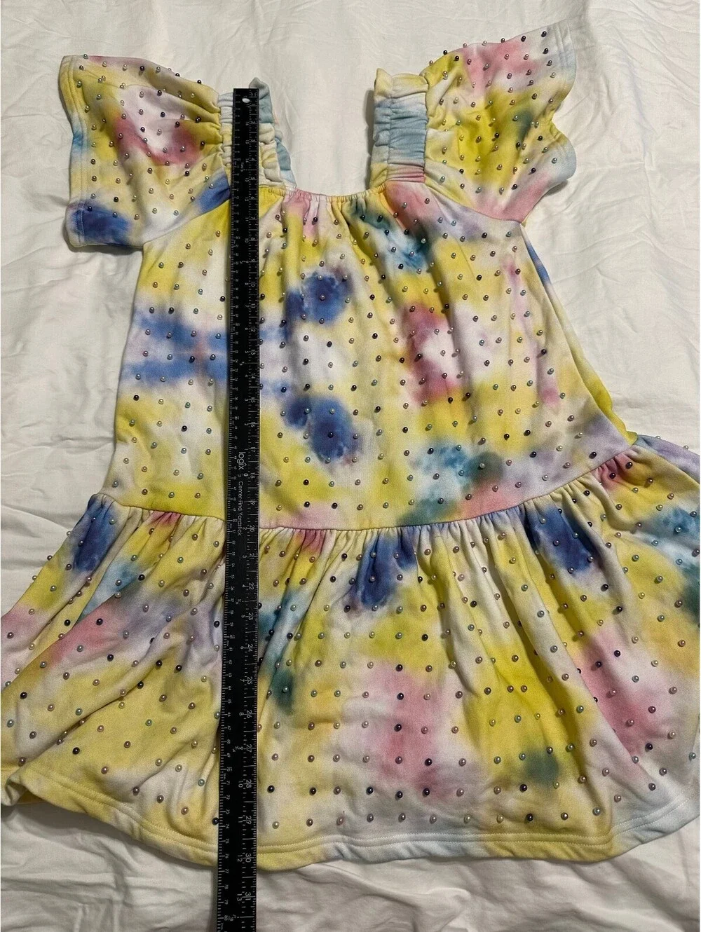 Queen of Sparkles Rainbow Tie-Dye Pearl Embellished Puff sleeve Mini Dress Small